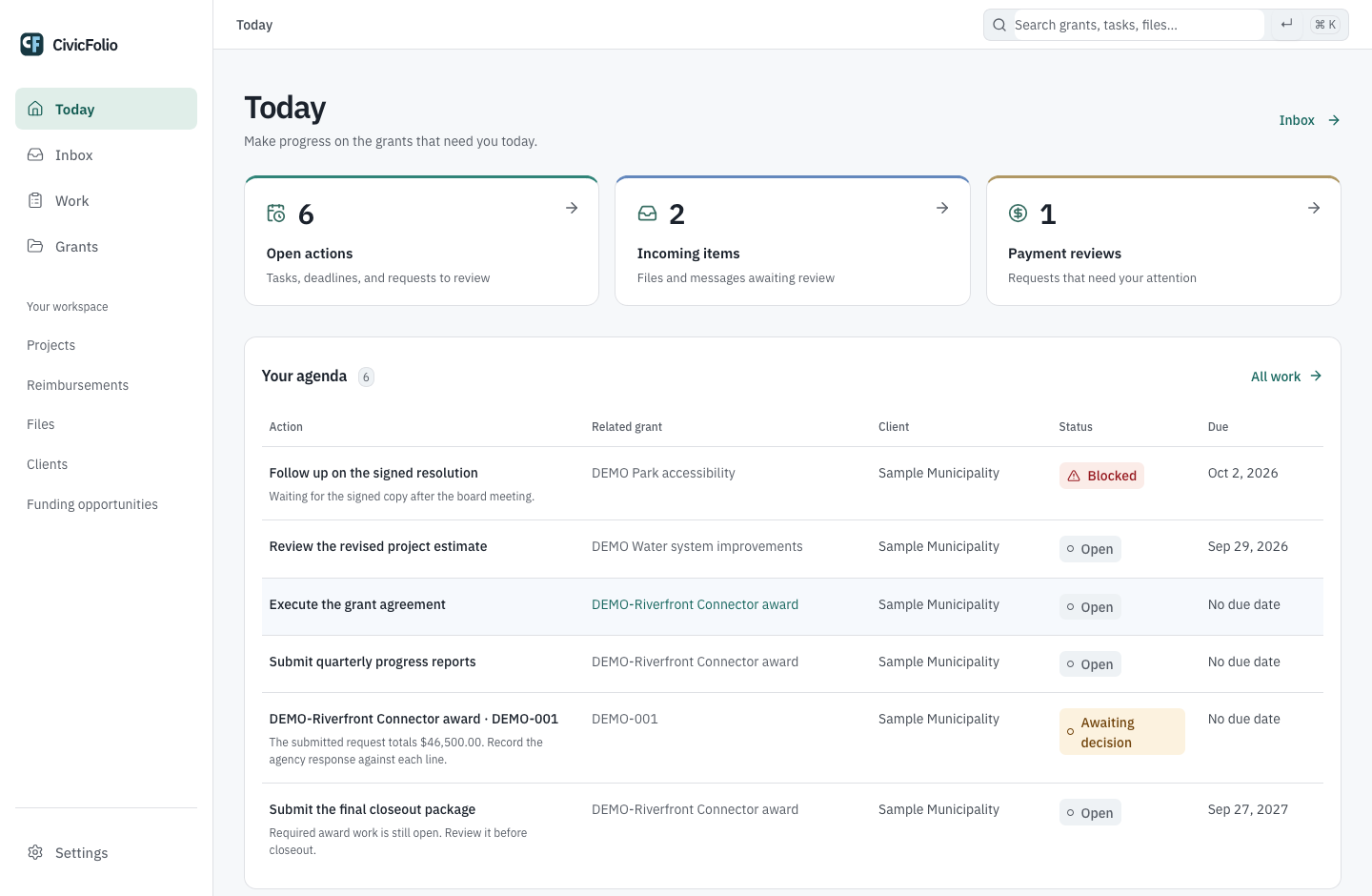 CivicFolio Today showing open grant tasks and incoming files for Sample Municipality.